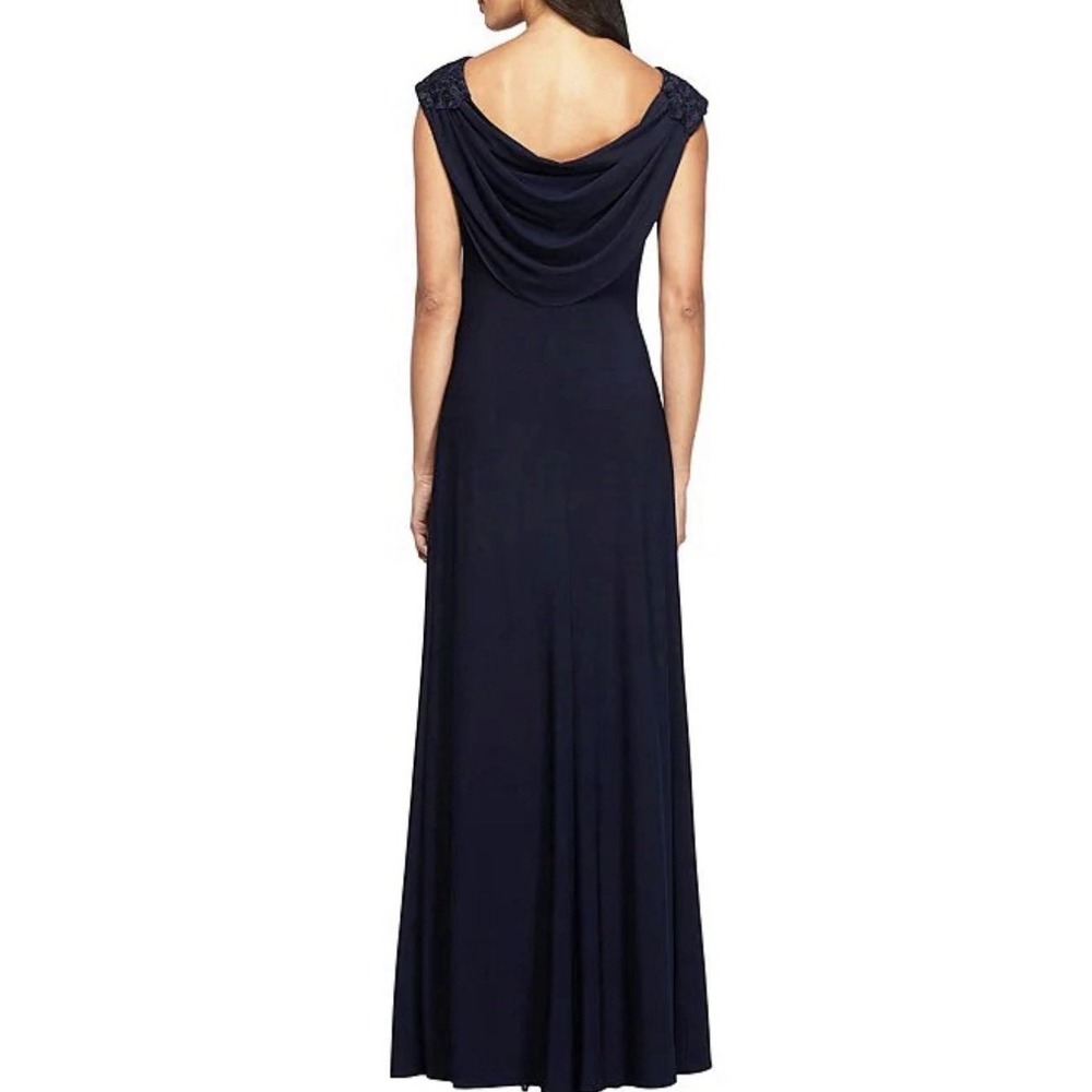 Alex Evenings navy blue gown featuring a lace bodice Size 10 Navy Cowl Back - Picture 2 of 15